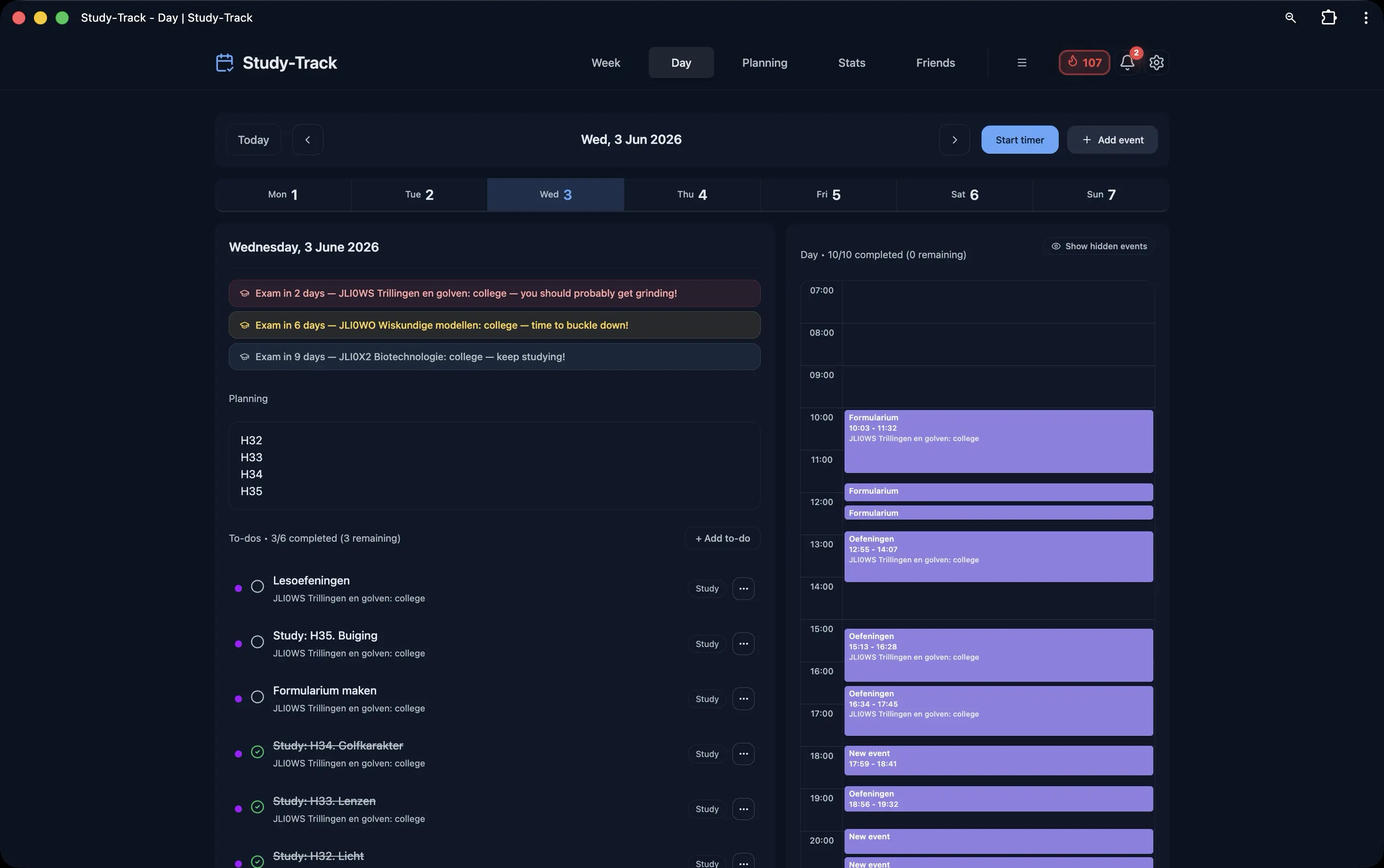 Day view showing tasks, deadlines, and scheduled events