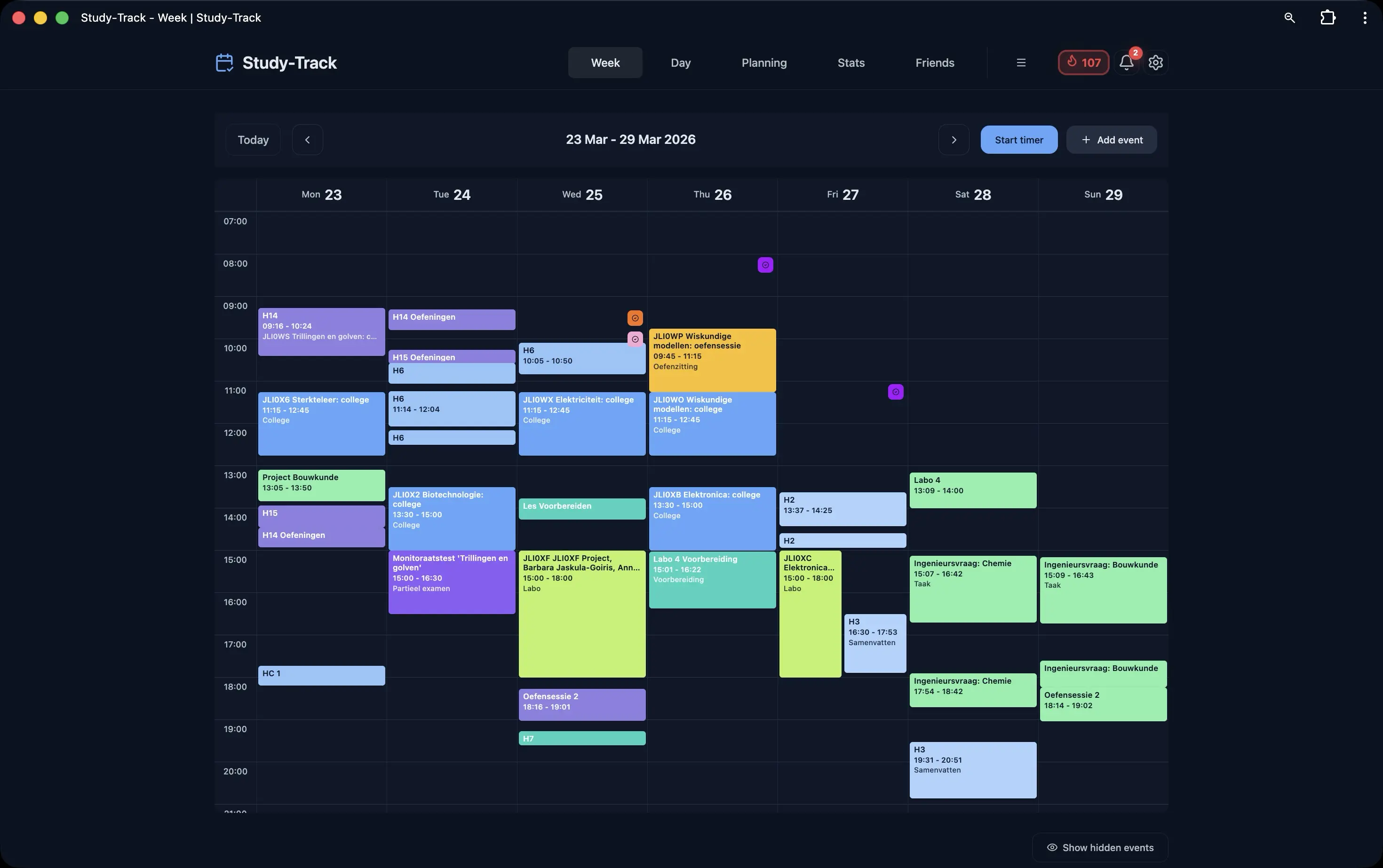 Week view calendar filled with color-coded classes and study blocks